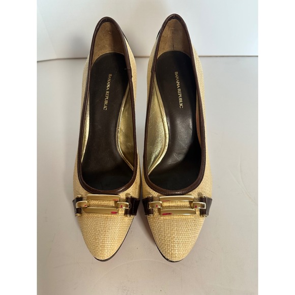 Banana Republic Shoes - Banana Republic Woven Straw Leather Trim Buckle Pumps Brown Tan Gold Size 8.5